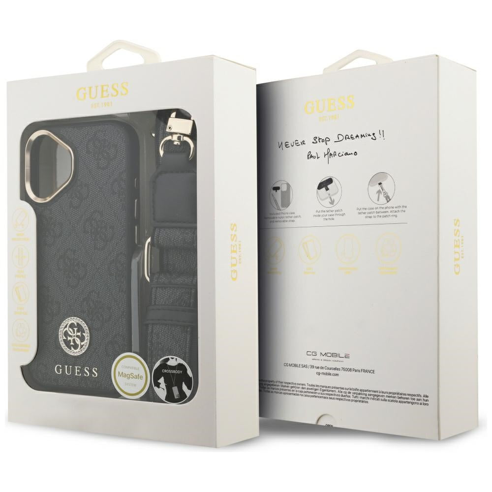 Futrola MagSafe za Apple iPhone 17, Guess, 4G Strass Logo with Big Strap, Crna