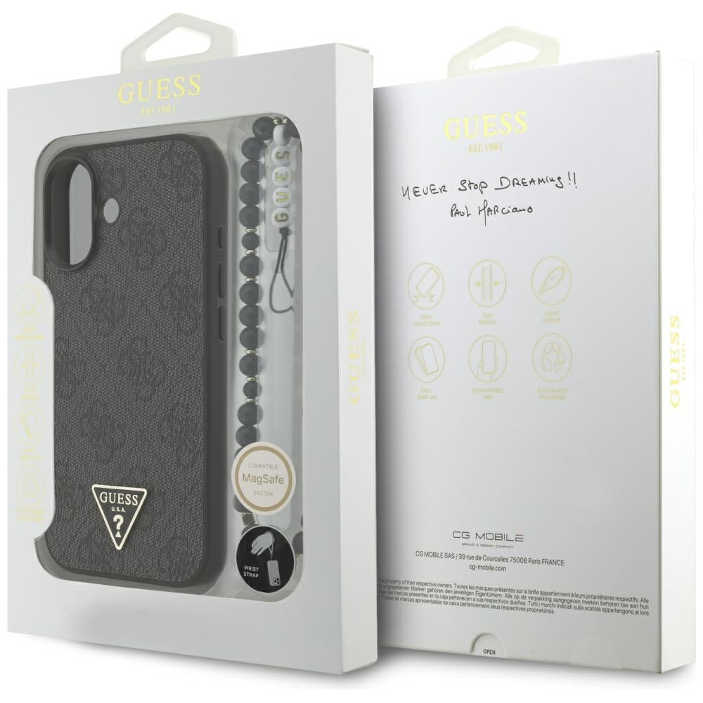 Husa MagSafe za Apple iPhone 17, Guess, 4G Triangle Logo sa kaišem, Crna