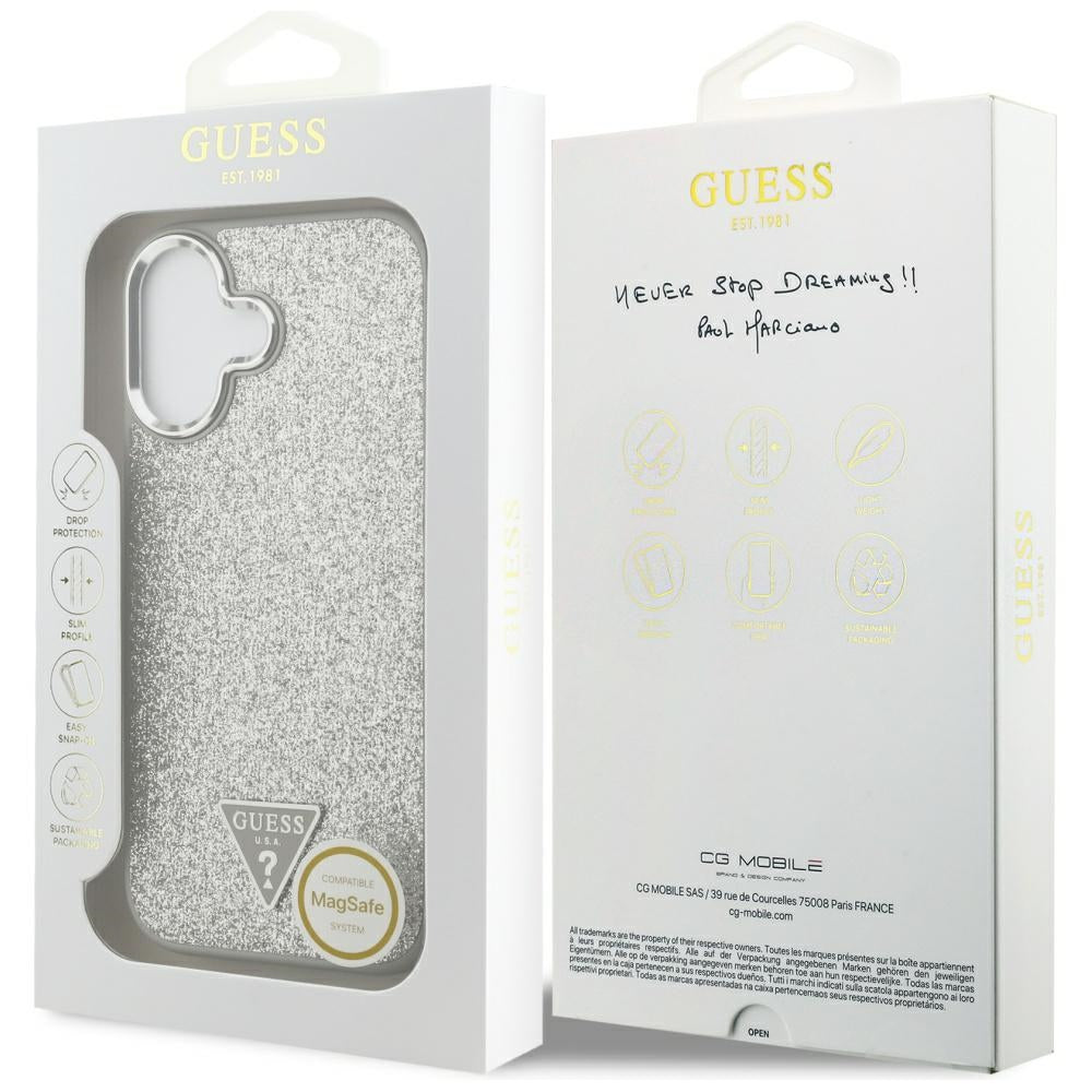 Futrola MagSafe za Apple iPhone 17, Guess, Glitter Triangle Logo, Srebrna