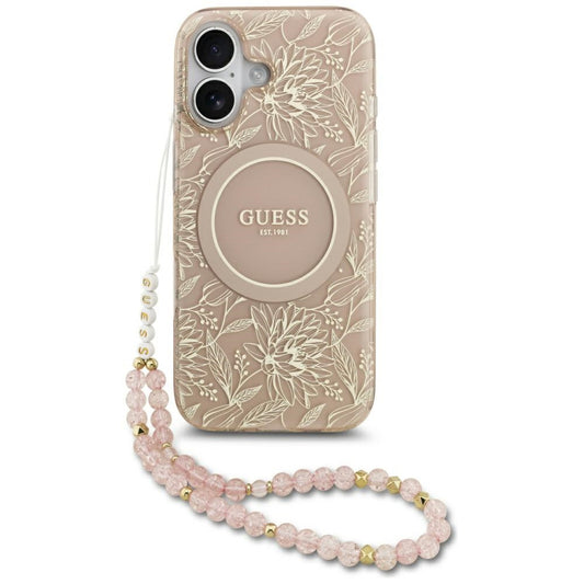 Futrola MagSafe za Apple iPhone 17, Guess, IML Flowers Allover Electroplated with Pearl Strap, Crna
