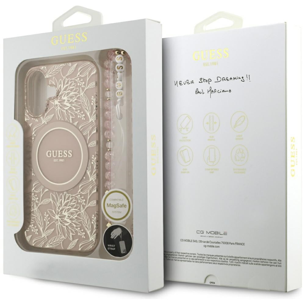 Futrola MagSafe za Apple iPhone 17, Guess, IML Flowers Allover Electroplated with Pearl Strap, Crna