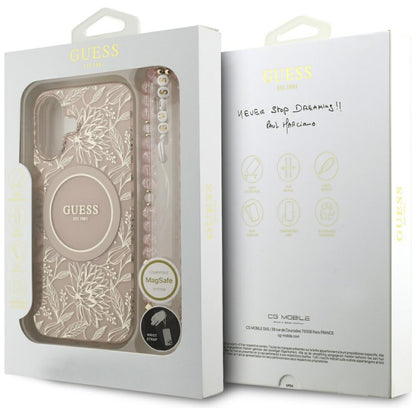 Futrola MagSafe za Apple iPhone 17, Guess, IML Flowers Allover Electroplated with Pearl Strap, Crna