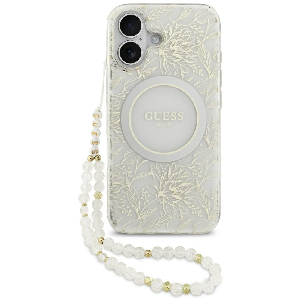 Futrola MagSafe za Apple iPhone 17, Guess, IML Flowers with Pearl Strap, Bela