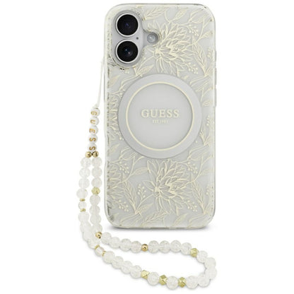 Futrola MagSafe za Apple iPhone 17, Guess, IML Flowers with Pearl Strap, Bela