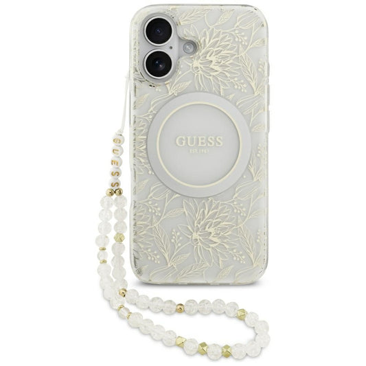 Futrola MagSafe za Apple iPhone 17, Guess, IML Flowers with Pearl Strap, Bela