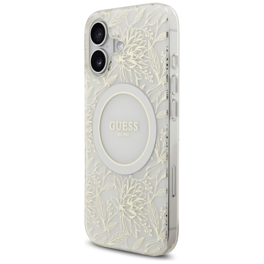 Futrola MagSafe za Apple iPhone 17, Guess, IML Flowers with Pearl Strap, Bela