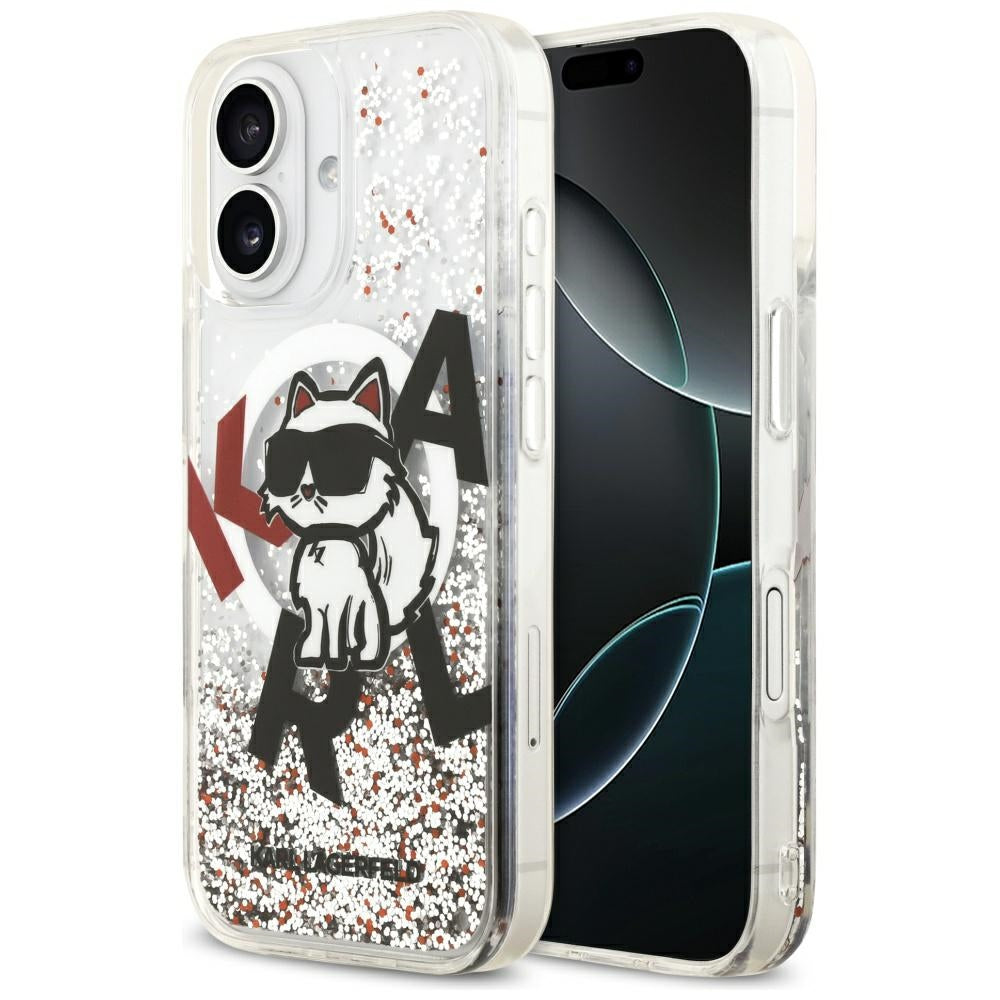 Husa MagSafe za Apple iPhone 17, Karl Lagerfeld, Liquid Glitter Choupette Logo, Transparentna