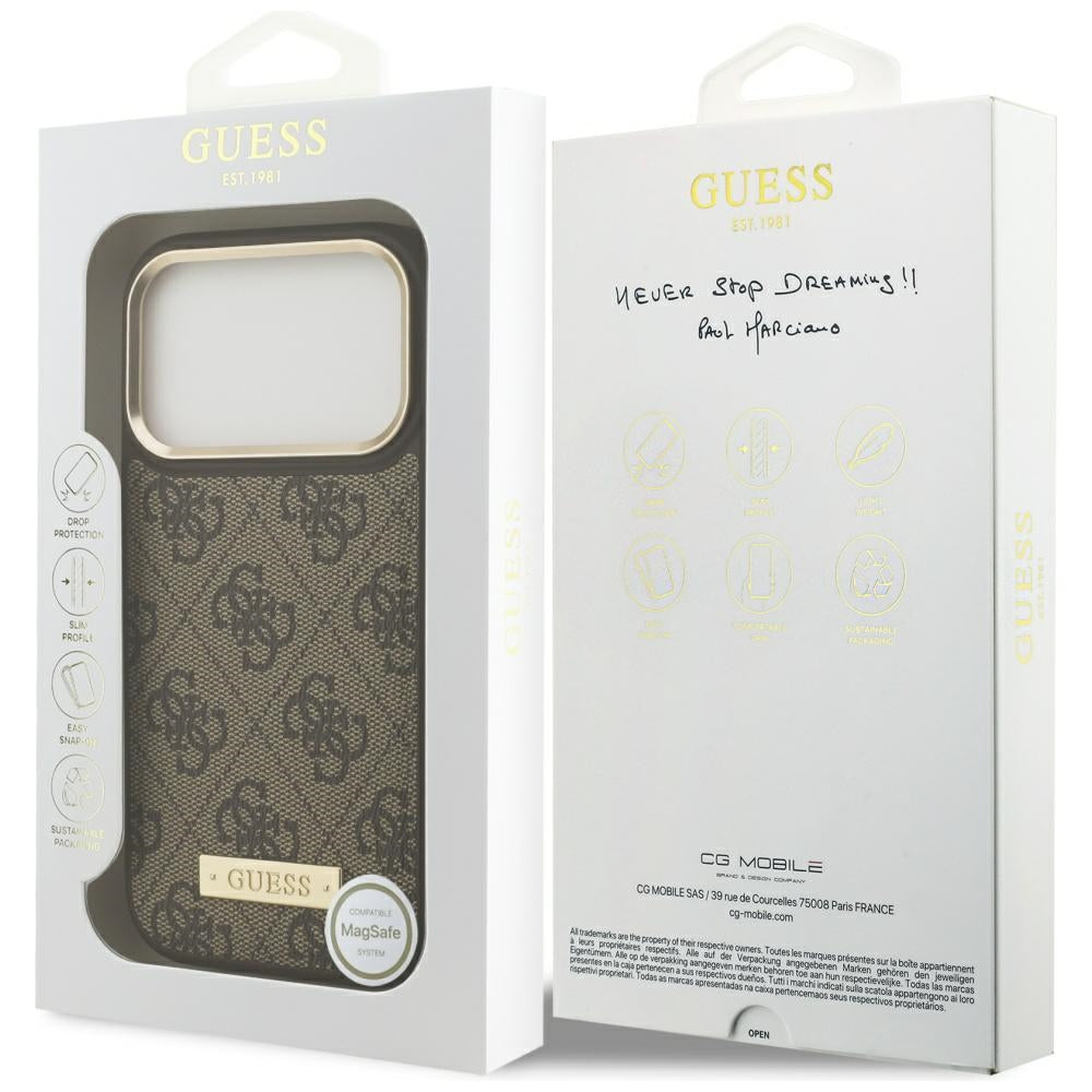 Futrola MagSafe za Apple iPhone 17 Pro, Guess, 4G Logo Plate, Braon