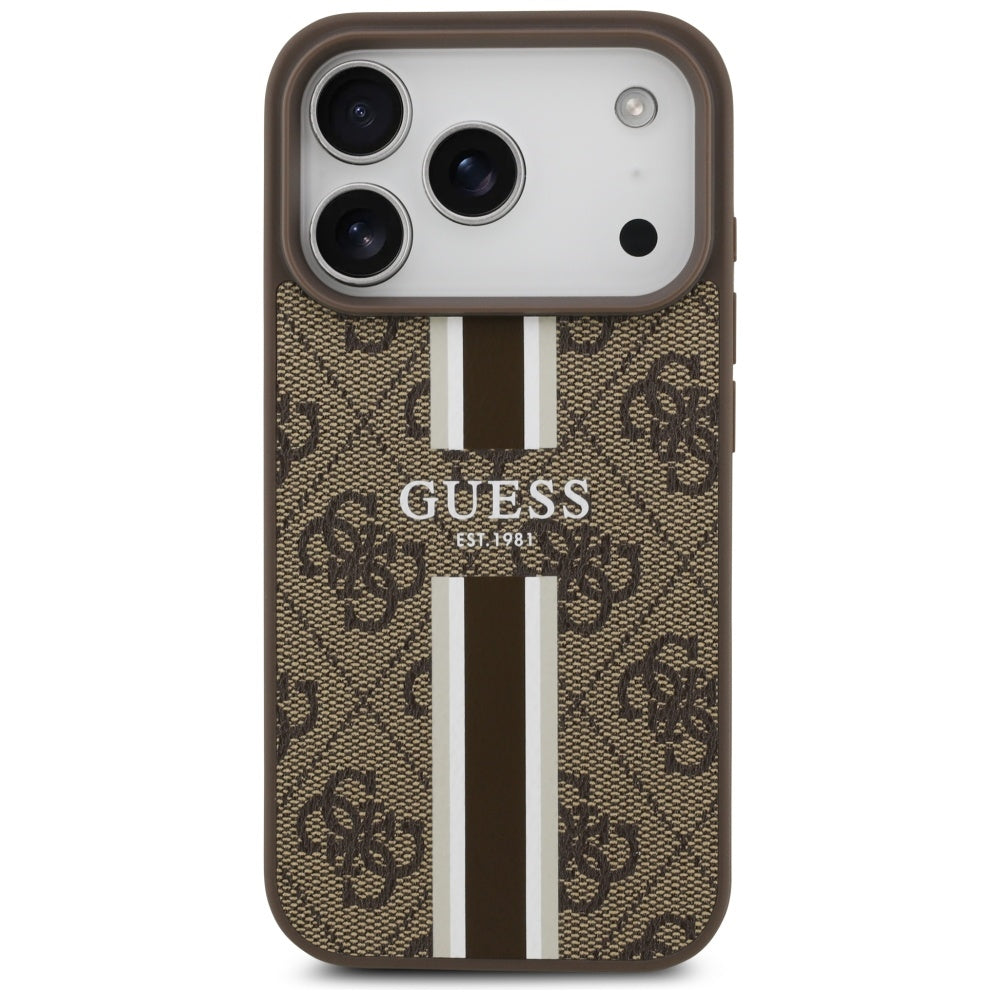 Husa MagSafe za Apple iPhone 17 Pro, Guess, 4G Printed Stripes, Braon