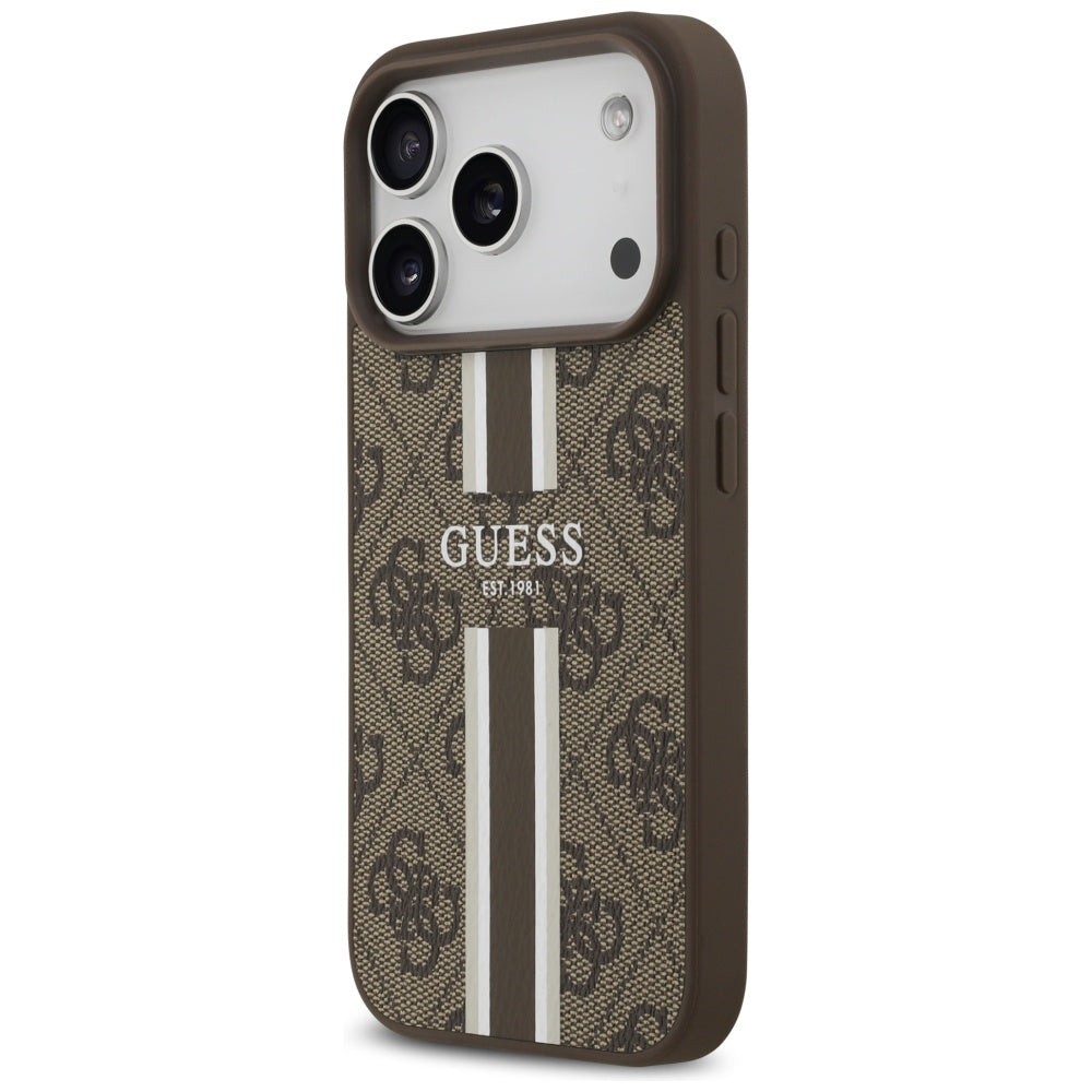 Husa MagSafe za Apple iPhone 17 Pro, Guess, 4G Printed Stripes, Braon
