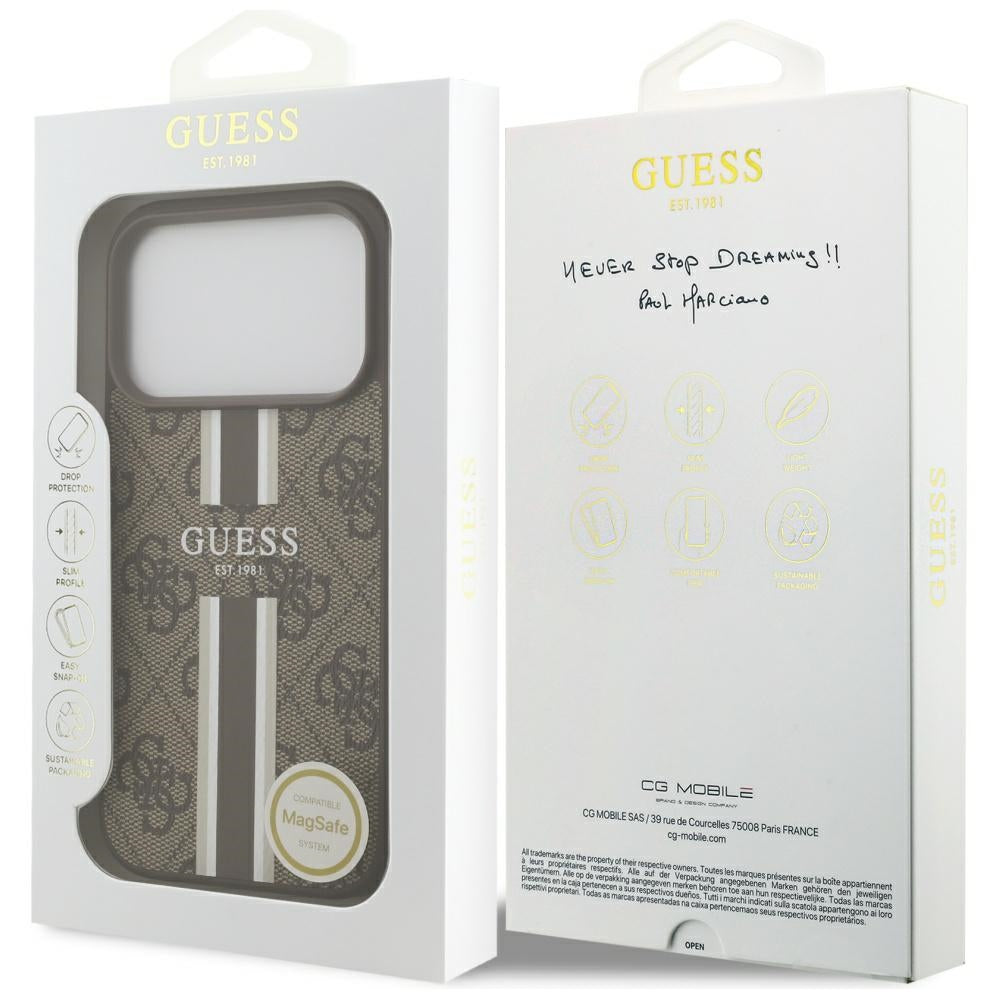 Husa MagSafe za Apple iPhone 17 Pro, Guess, 4G Printed Stripes, Braon