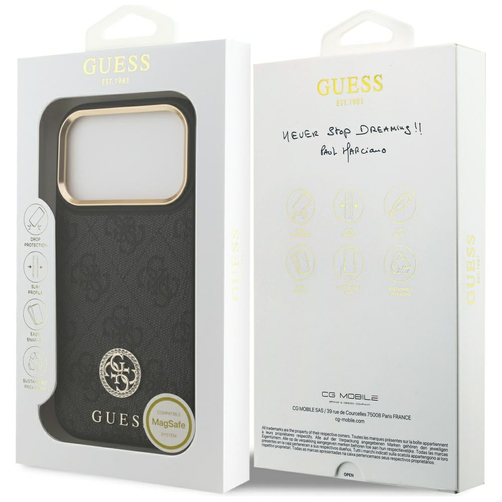 Husa MagSafe za Apple iPhone 17 Pro, Guess, 4G Strass Logo, Crna