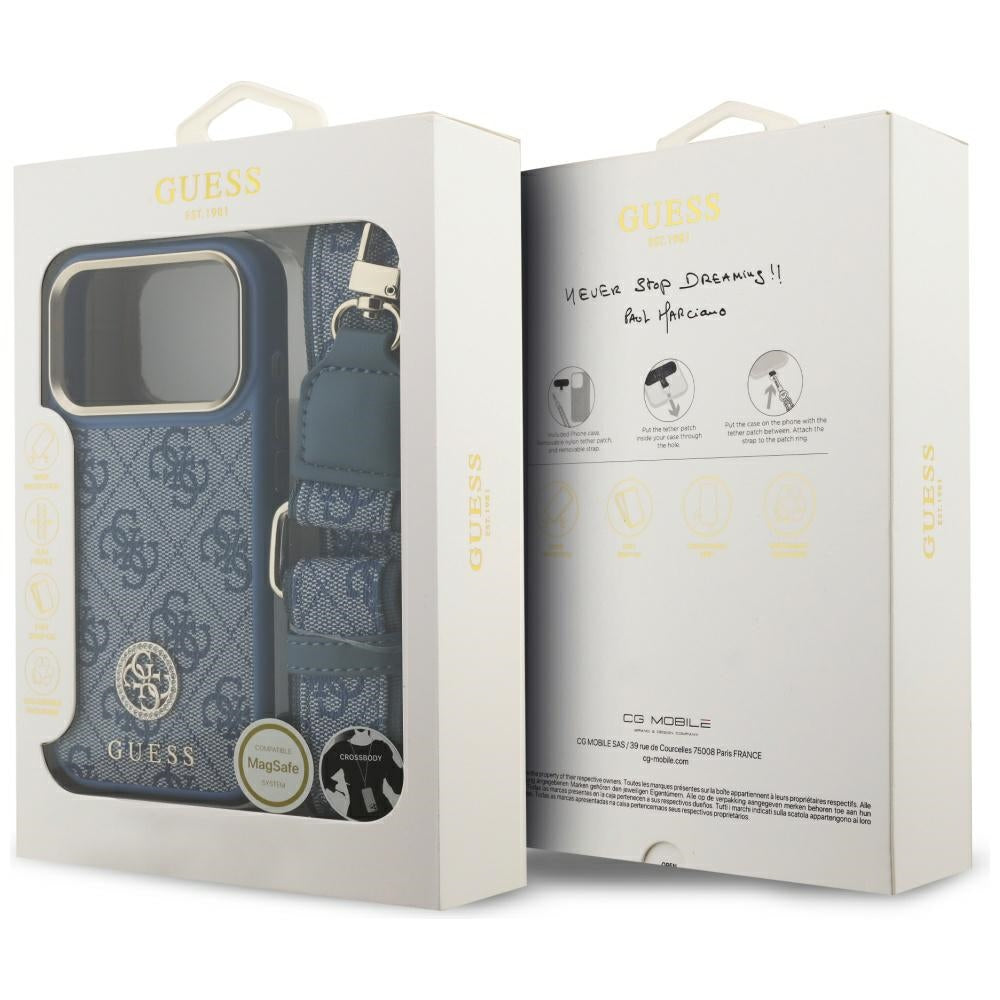 Husa MagSafe za Apple iPhone 17 Pro, Guess, 4G Strass Logo with Big Strap, Plava