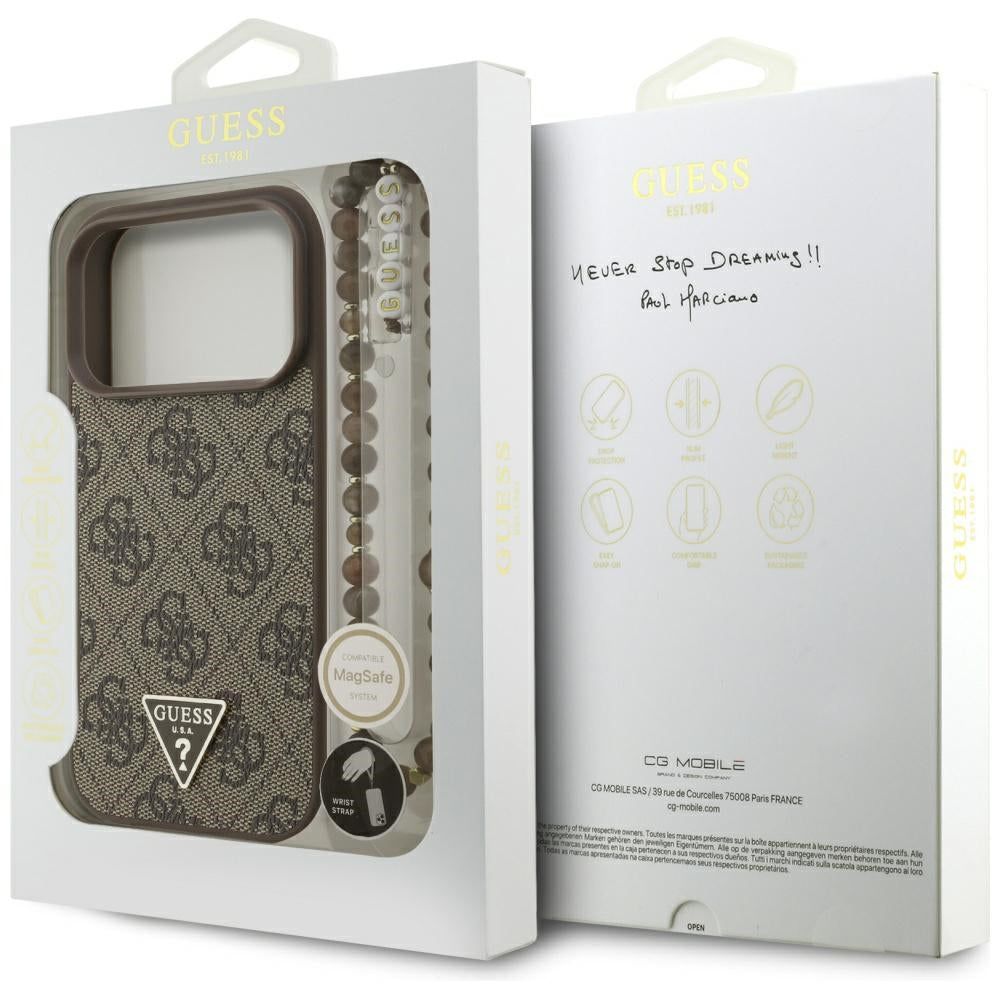 Futrola MagSafe za Apple iPhone 17 Pro, Guess, 4G Triangle Logo with Pearl Strap, Braon