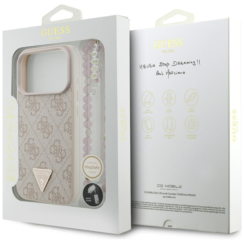 Futrola MagSafe za Apple iPhone 17 Pro, Guess, 4G Triangle Logo with Pearl Strap, Roze