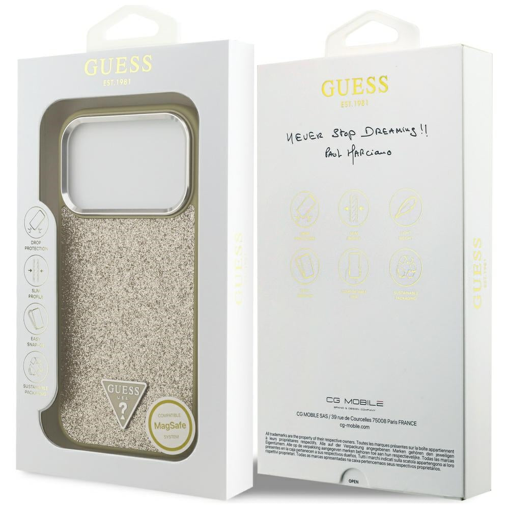 Husa MagSafe za Apple iPhone 17 Pro, Guess, Glitter Triangle Logo, Zlatna