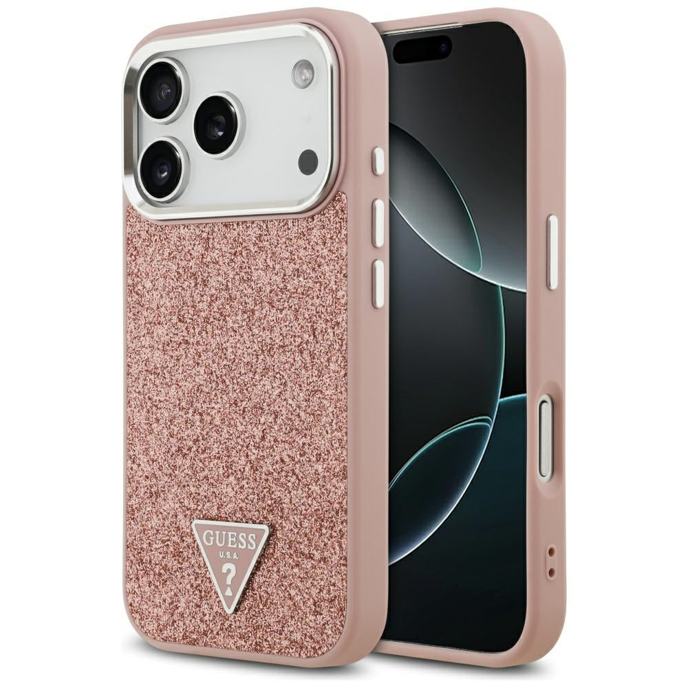 Husa MagSafe za Apple iPhone 17 Pro, Guess, Glitter Triangle Logo, Roze