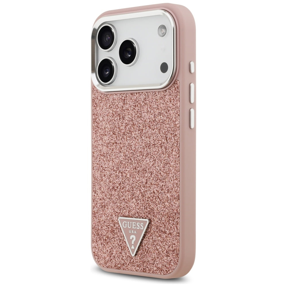 Husa MagSafe za Apple iPhone 17 Pro, Guess, Glitter Triangle Logo, Roze