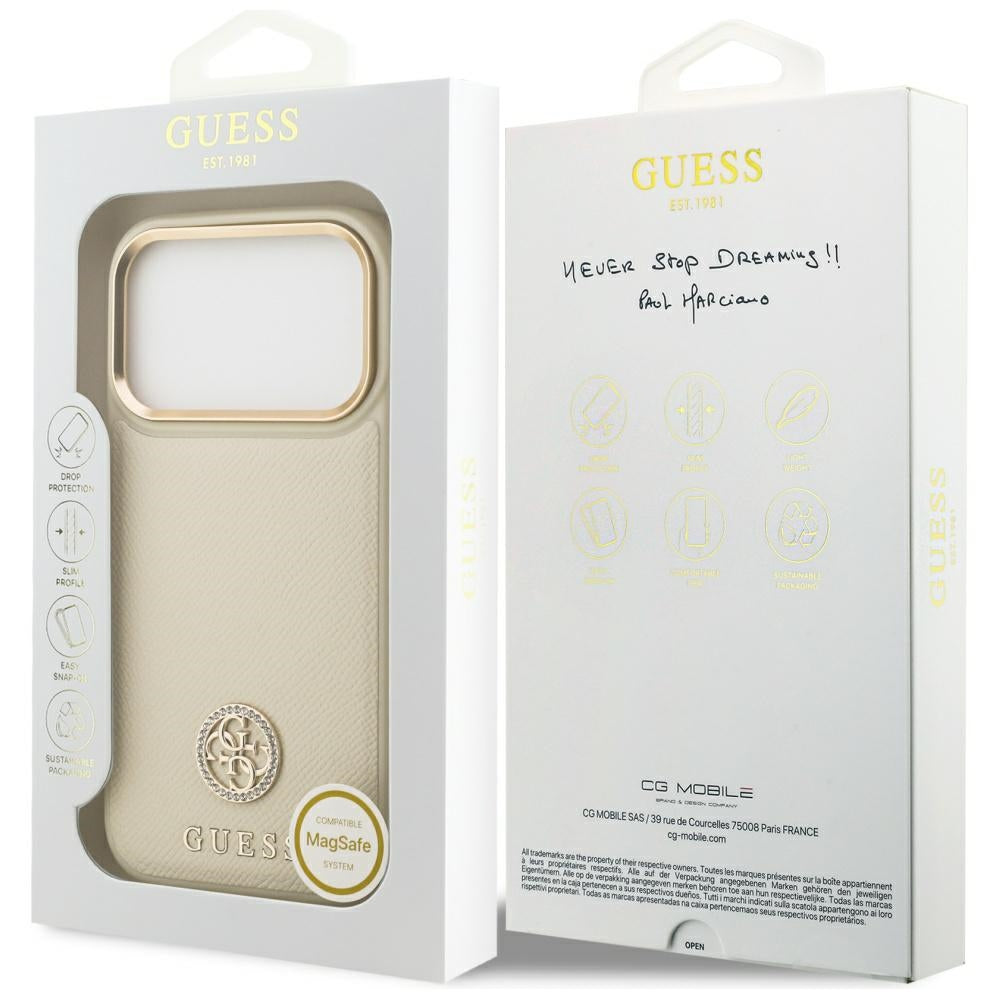 Futrola MagSafe za Apple iPhone 17 Pro, Guess, Grained Strass Logo, Bež