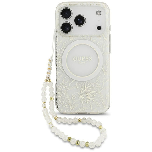 Husa MagSafe za Apple iPhone 17 Pro, Guess, IML Flowers Allover Electroplated with Pearl Strap, Bela
