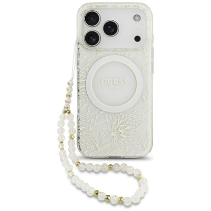 Husa MagSafe za Apple iPhone 17 Pro, Guess, IML Flowers Allover Electroplated with Pearl Strap, Bela