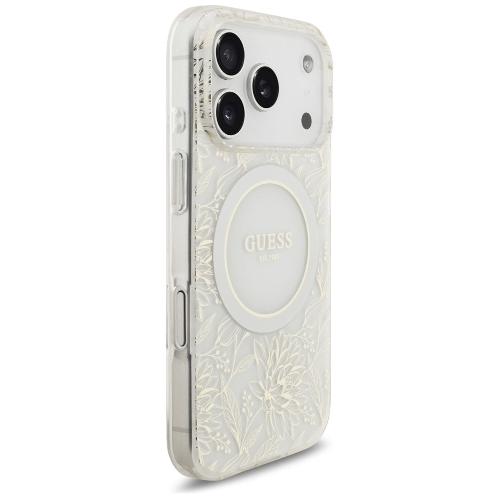 Husa MagSafe za Apple iPhone 17 Pro, Guess, IML Flowers Allover Electroplated with Pearl Strap, Bela