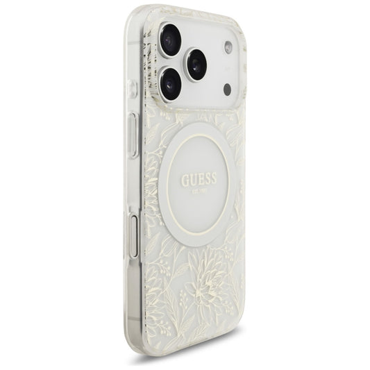 Husa MagSafe za Apple iPhone 17 Pro, Guess, IML Flowers Allover Electroplated with Pearl Strap, Bela