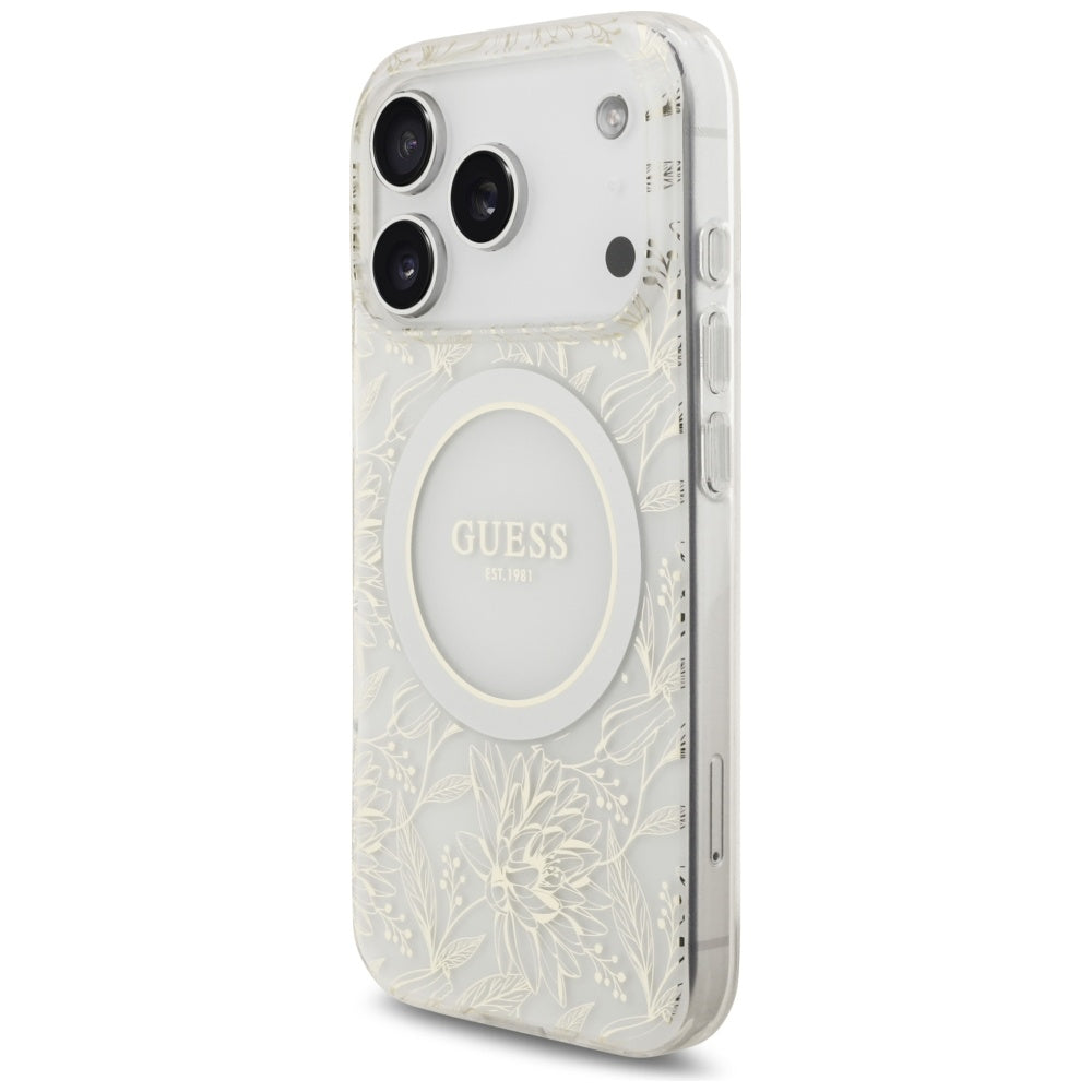 Husa MagSafe za Apple iPhone 17 Pro, Guess, IML Flowers Allover Electroplated with Pearl Strap, Bela
