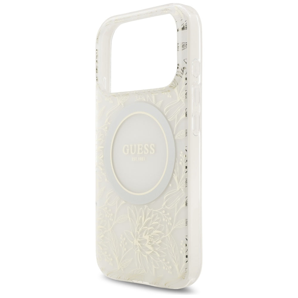 Husa MagSafe za Apple iPhone 17 Pro, Guess, IML Flowers Allover Electroplated with Pearl Strap, Bela
