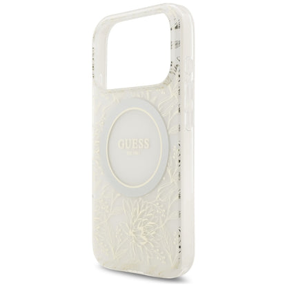 Husa MagSafe za Apple iPhone 17 Pro, Guess, IML Flowers Allover Electroplated with Pearl Strap, Bela