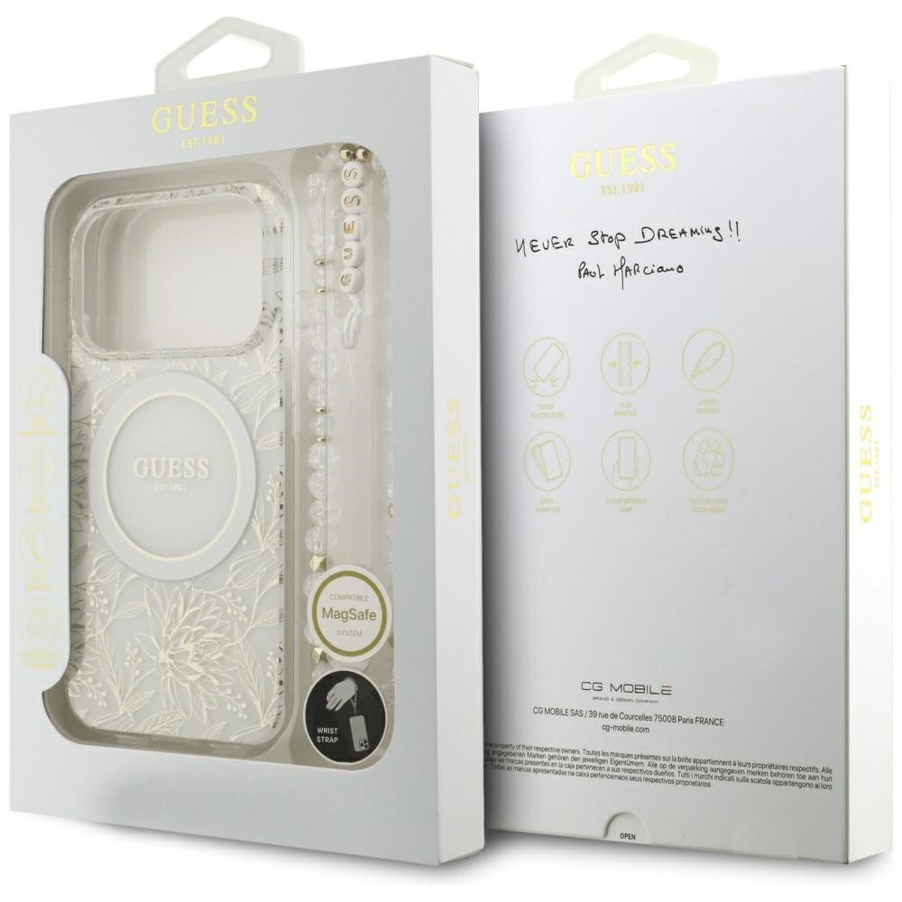 Husa MagSafe za Apple iPhone 17 Pro, Guess, IML Flowers Allover Electroplated with Pearl Strap, Bela