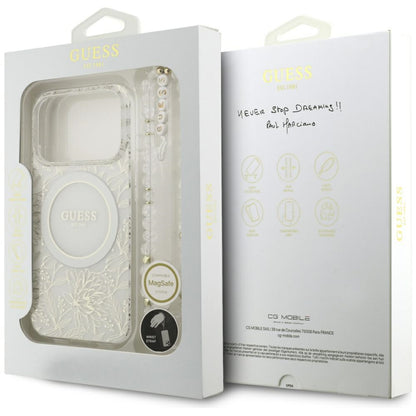 Husa MagSafe za Apple iPhone 17 Pro, Guess, IML Flowers Allover Electroplated with Pearl Strap, Bela
