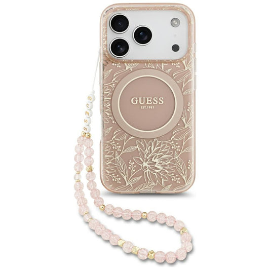 Futrola MagSafe za Apple iPhone 17 Pro, Guess, IML Flowers Allover Electroplated with Pearl Strap, Roze
