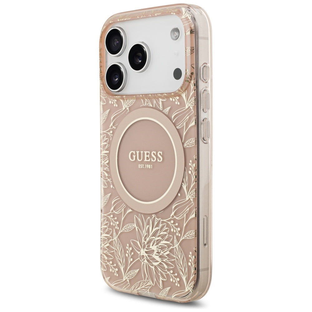 Futrola MagSafe za Apple iPhone 17 Pro, Guess, IML Flowers Allover Electroplated with Pearl Strap, Roze
