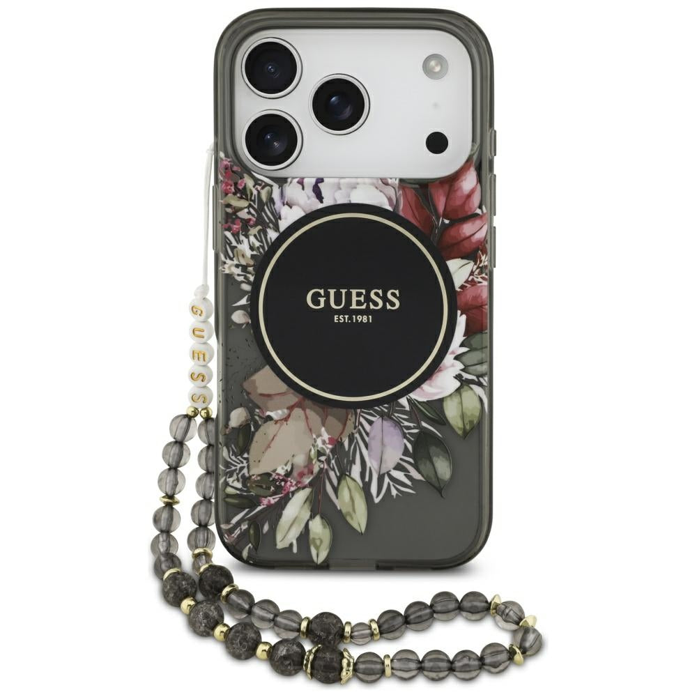 Husa MagSafe za Apple iPhone 17 Pro, Guess, IML Flowers with Pearl Strap, Crna
