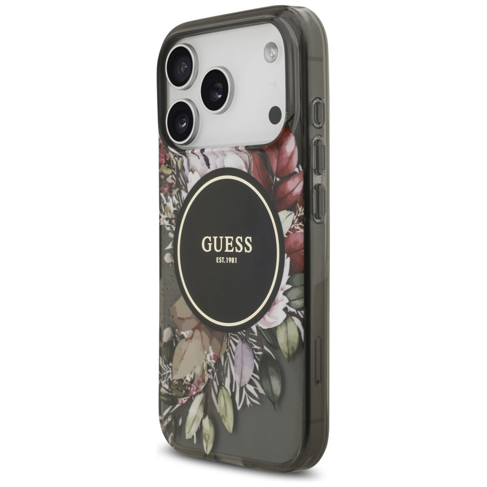 Husa MagSafe za Apple iPhone 17 Pro, Guess, IML Flowers with Pearl Strap, Crna