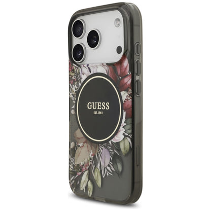 Husa MagSafe za Apple iPhone 17 Pro, Guess, IML Flowers with Pearl Strap, Crna