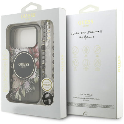Husa MagSafe za Apple iPhone 17 Pro, Guess, IML Flowers with Pearl Strap, Crna