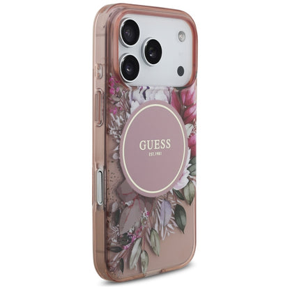 Husa MagSafe za Apple iPhone 17 Pro, Guess, IML Flowers with Pearl Strap, Roze