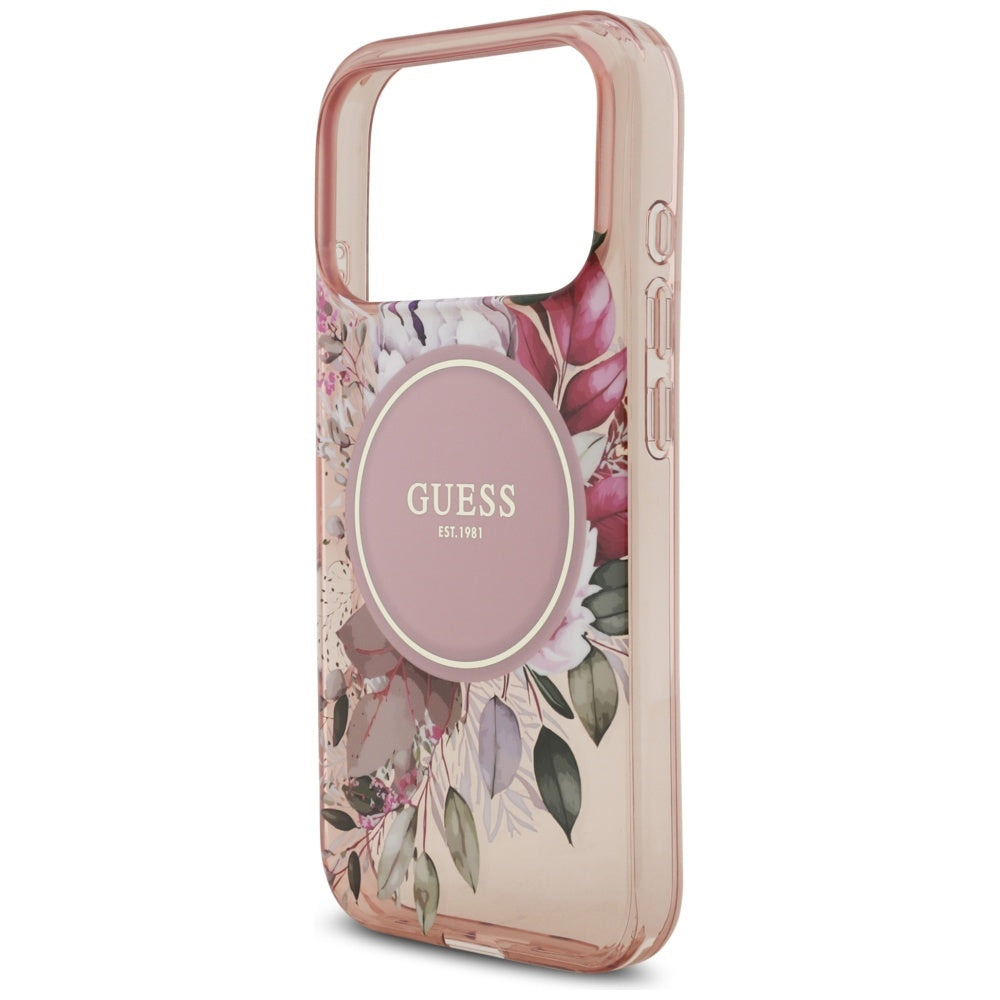 Husa MagSafe za Apple iPhone 17 Pro, Guess, IML Flowers with Pearl Strap, Roze