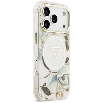 Futrola MagSafe za Apple iPhone 17 Pro, Guess, IML Metal Glitter Flowers Triangle, Bela