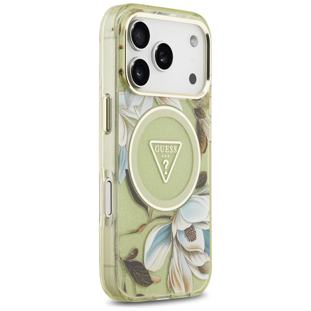 Futrola MagSafe za Apple iPhone 17 Pro, Guess, IML Metal Glitter Flowers Triangle, Zelena