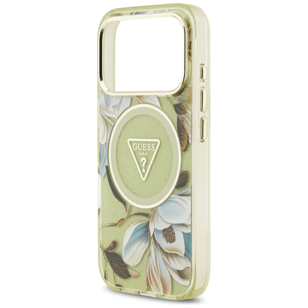 Futrola MagSafe za Apple iPhone 17 Pro, Guess, IML Metal Glitter Flowers Triangle, Zelena