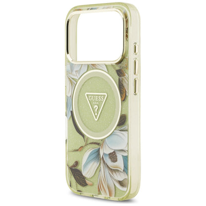 Futrola MagSafe za Apple iPhone 17 Pro, Guess, IML Metal Glitter Flowers Triangle, Zelena