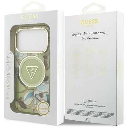 Futrola MagSafe za Apple iPhone 17 Pro, Guess, IML Metal Glitter Flowers Triangle, Zelena
