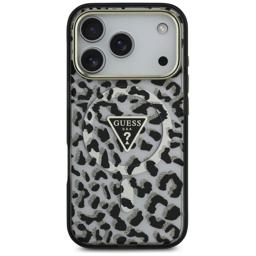 Futrola MagSafe za Apple iPhone 17 Pro, Guess, Leopard Glitter, Crna