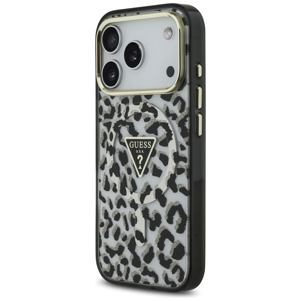 Futrola MagSafe za Apple iPhone 17 Pro, Guess, Leopard Glitter, Crna