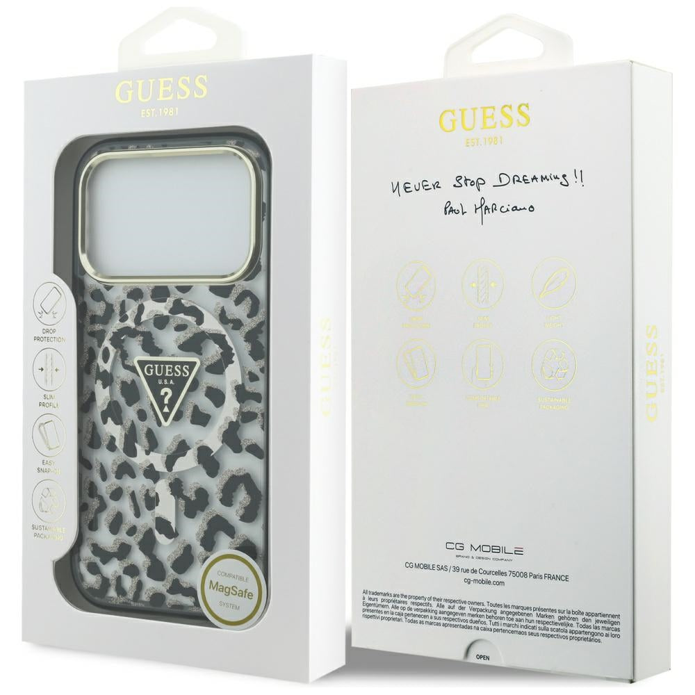 Futrola MagSafe za Apple iPhone 17 Pro, Guess, Leopard Glitter, Crna