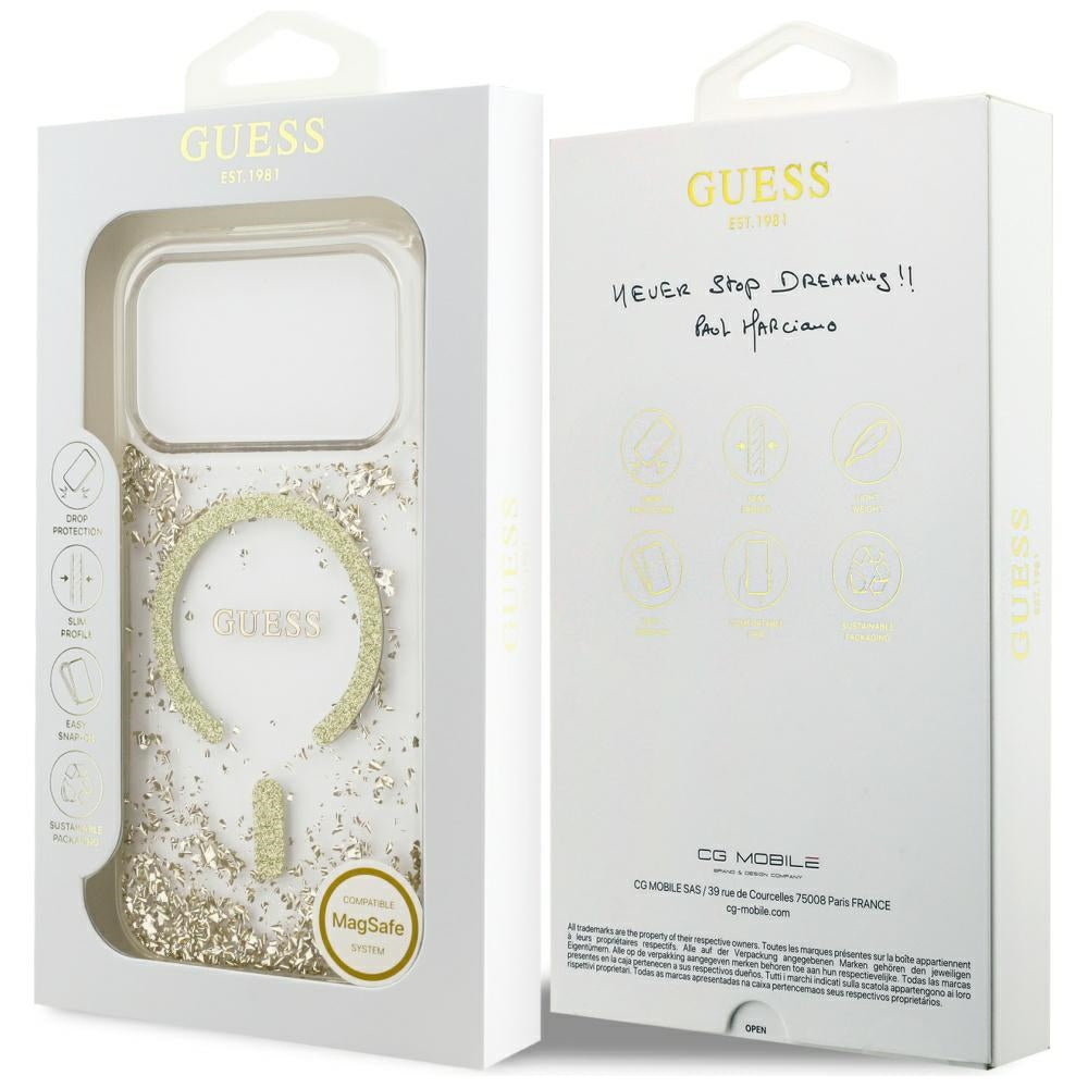 Husa MagSafe za Apple iPhone 17 Pro, Guess, Resin Bottom Glitter, Zlatna