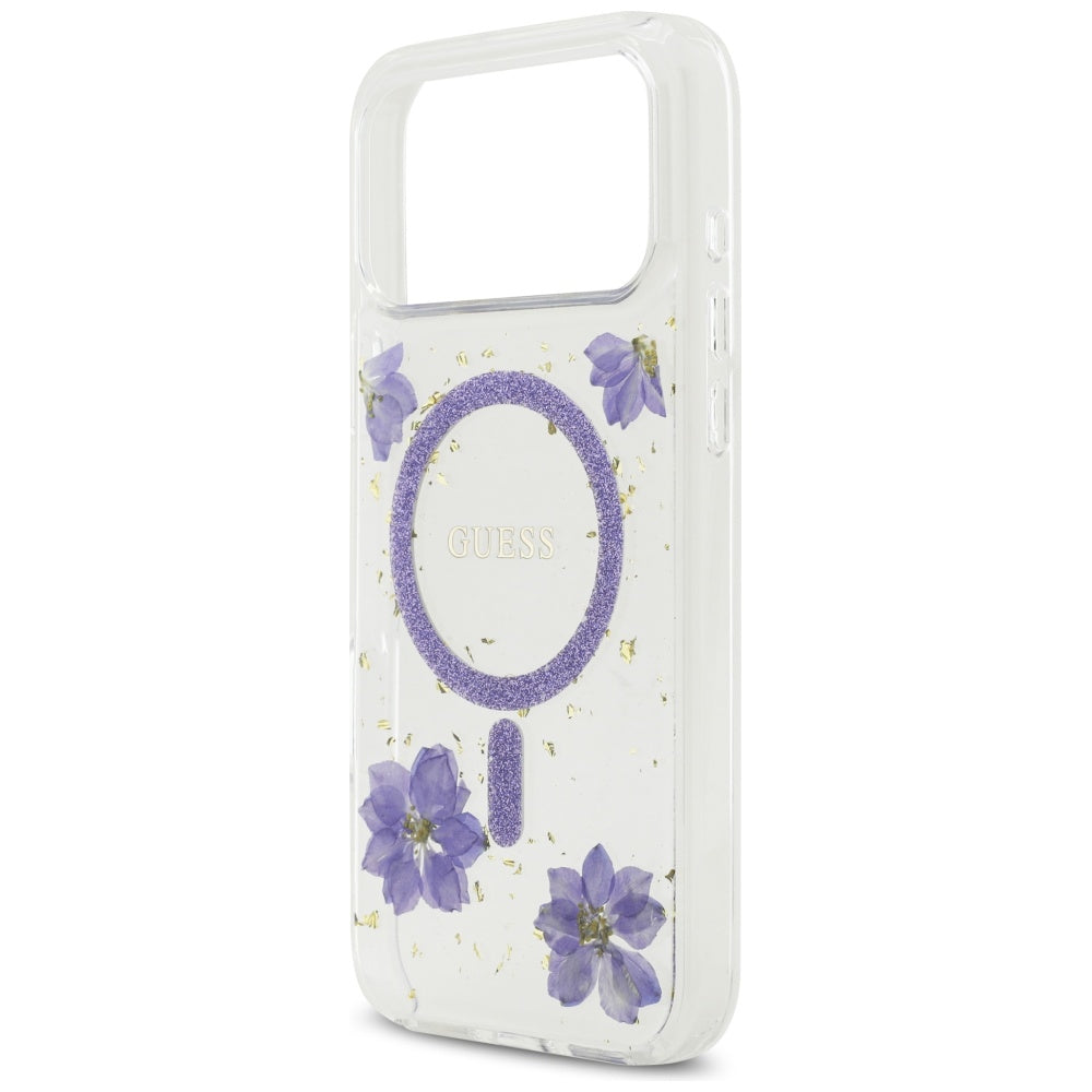 Husa MagSafe za Apple iPhone 17 Pro, Guess, Resin Flowers and Glitter, Ljubičasta